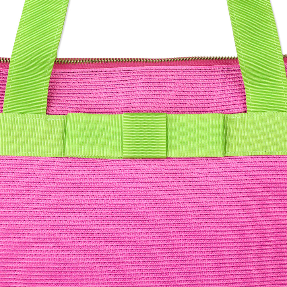 Eric Javits Pink Straw and Green Grosgrain Tote