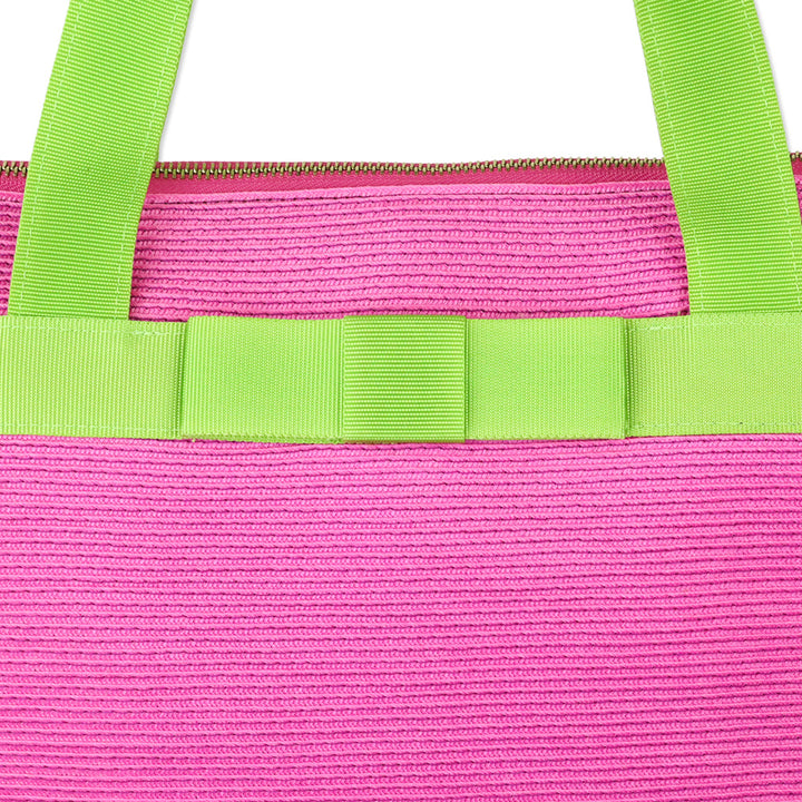 Eric Javits Pink Straw and Green Grosgrain Tote