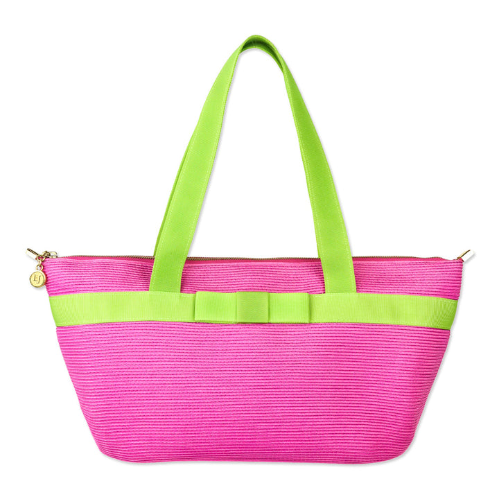 Eric Javits Pink Straw and Green Grosgrain Tote