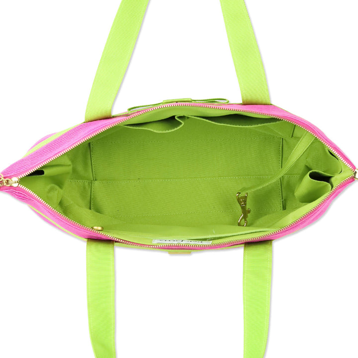 Eric Javits Pink Straw and Green Grosgrain Tote