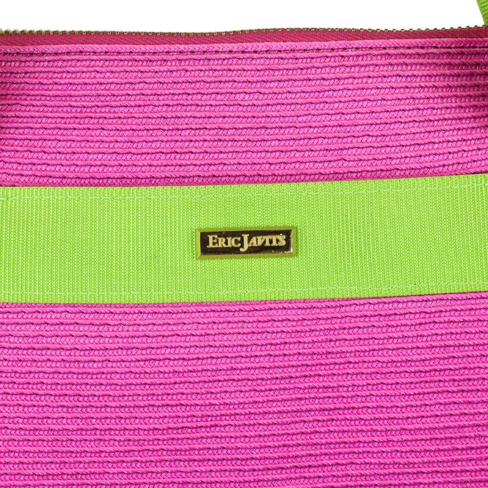 Eric Javits Pink Straw and Green Grosgrain Tote