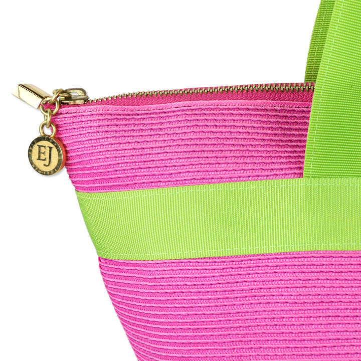 Eric Javits Pink Straw and Green Grosgrain Tote