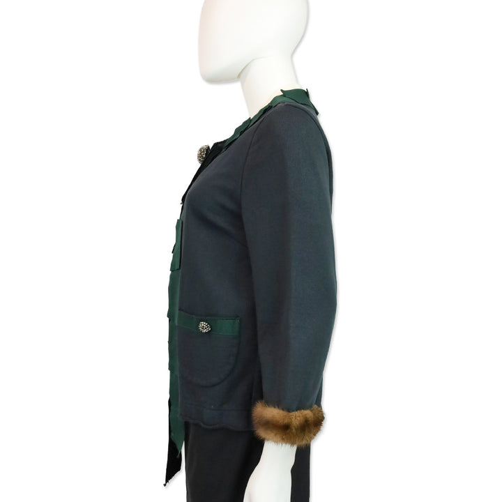 Erika Cavallini Blue Cotton Green Ribbon Trim Jacket with Mink Cuffs
