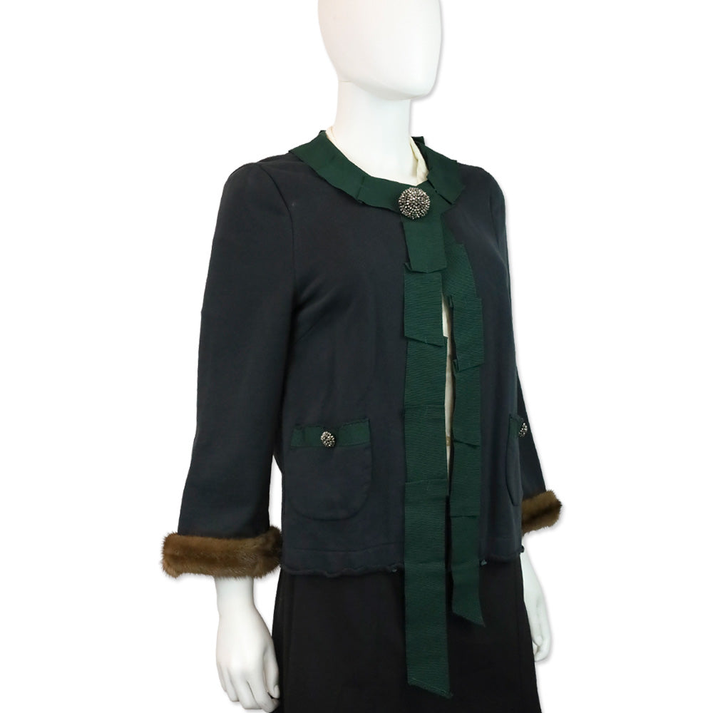 Erika Cavallini Blue Cotton Green Ribbon Trim Jacket with Mink Cuffs