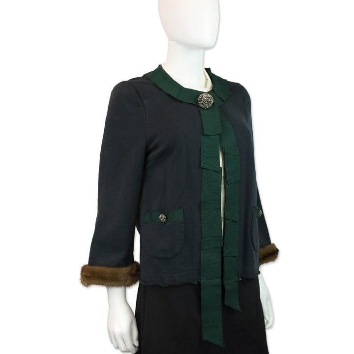 Erika Cavallini Blue Cotton Green Ribbon Trim Jacket with Mink Cuffs