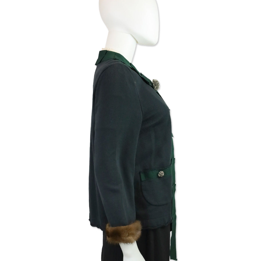 Erika Cavallini Blue Cotton Green Ribbon Trim Jacket with Mink Cuffs