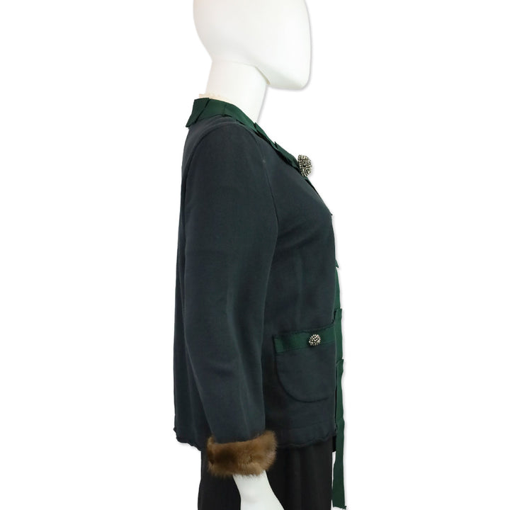 Erika Cavallini Blue Cotton Green Ribbon Trim Jacket with Mink Cuffs