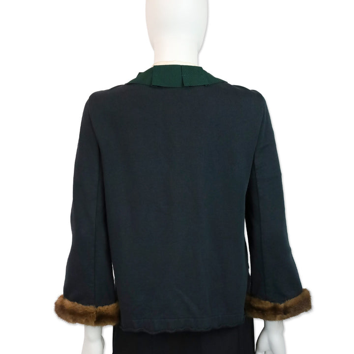 Erika Cavallini Blue Cotton Green Ribbon Trim Jacket with Mink Cuffs