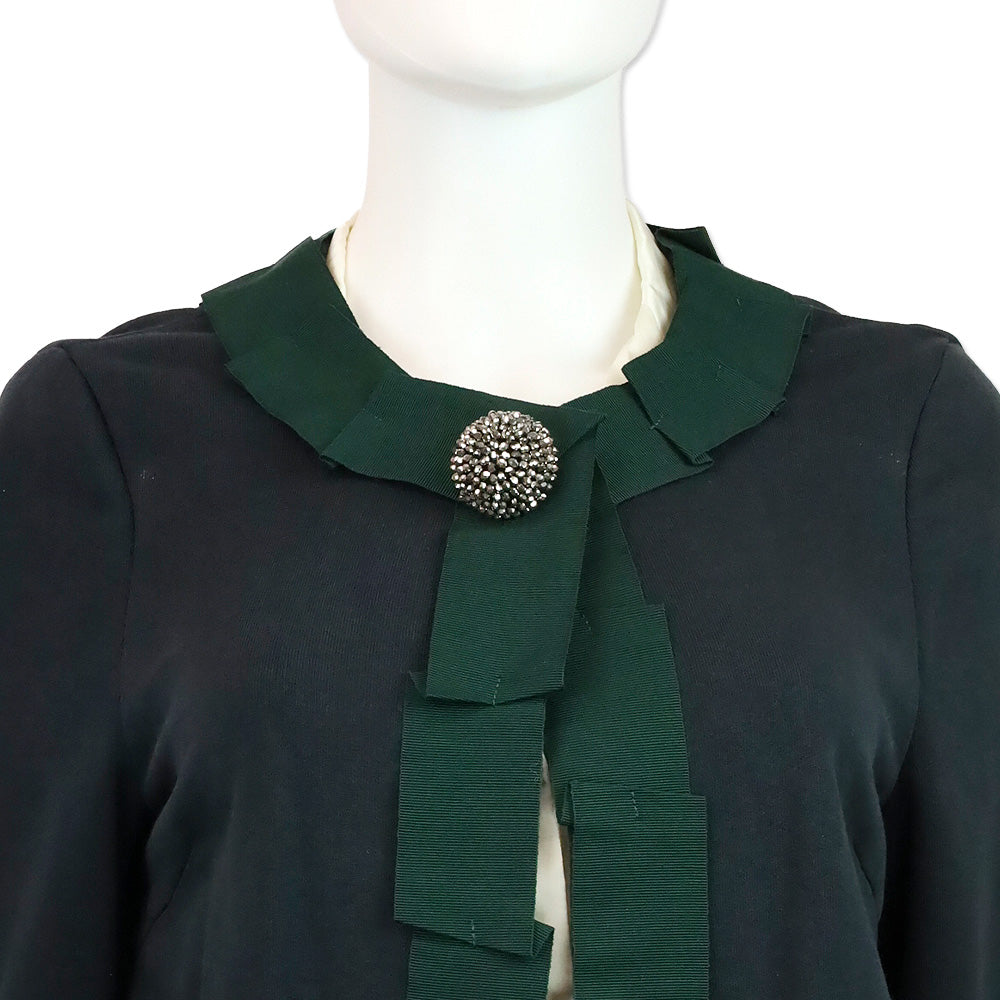 Erika Cavallini Blue Cotton Green Ribbon Trim Jacket with Mink Cuffs