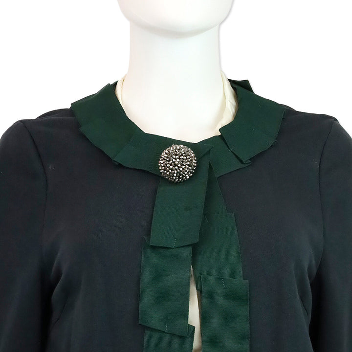 Erika Cavallini Blue Cotton Green Ribbon Trim Jacket with Mink Cuffs
