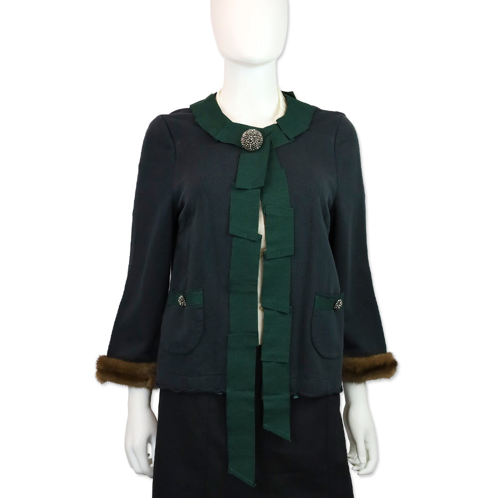 Erika Cavallini Blue Cotton Green Ribbon Trim Jacket with Mink Cuffs