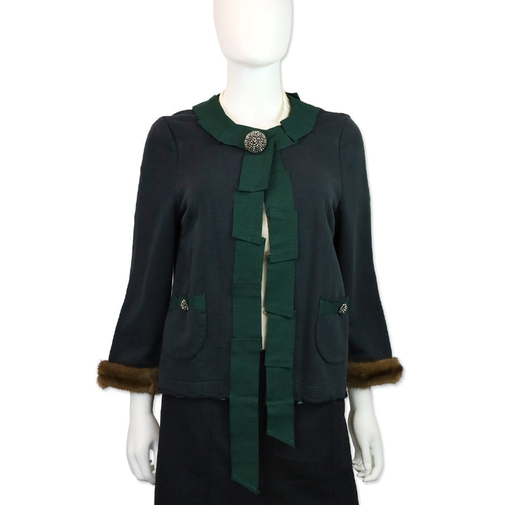 Erika Cavallini Blue Cotton Green Ribbon Trim Jacket with Mink Cuffs