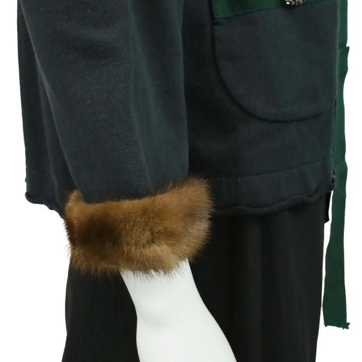 Erika Cavallini Blue Cotton Green Ribbon Trim Jacket with Mink Cuffs
