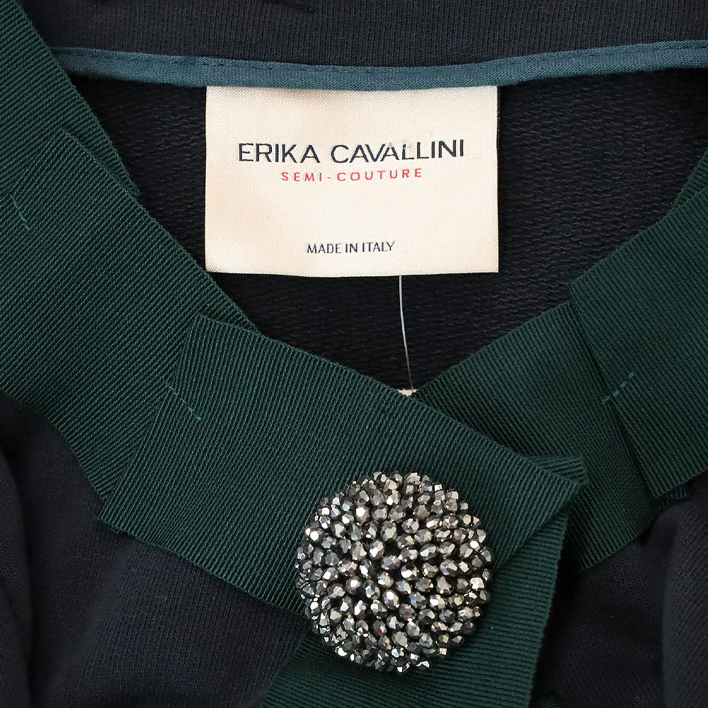 Erika Cavallini Blue Cotton Green Ribbon Trim Jacket with Mink Cuffs