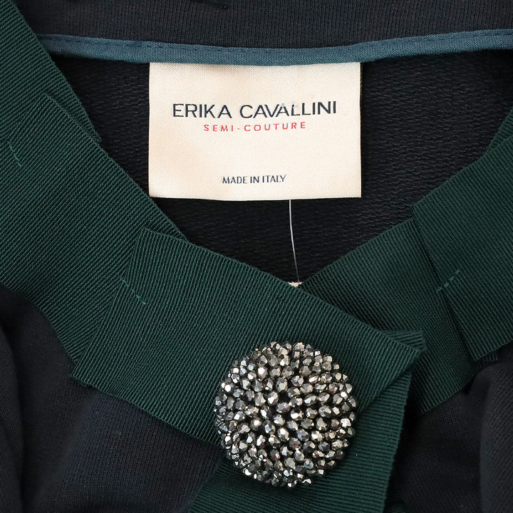 Erika Cavallini Blue Cotton Green Ribbon Trim Jacket with Mink Cuffs