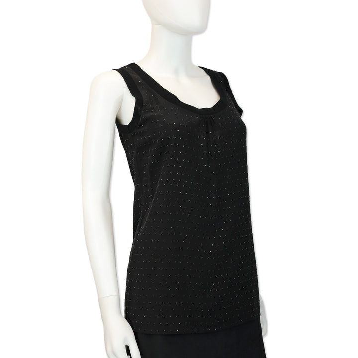 Escada Black Rhinestone Silk Ribbed Trim Tank Top