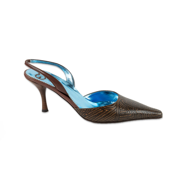 Escada Brown Patterned Leather Pointed Toe Slingback Heels