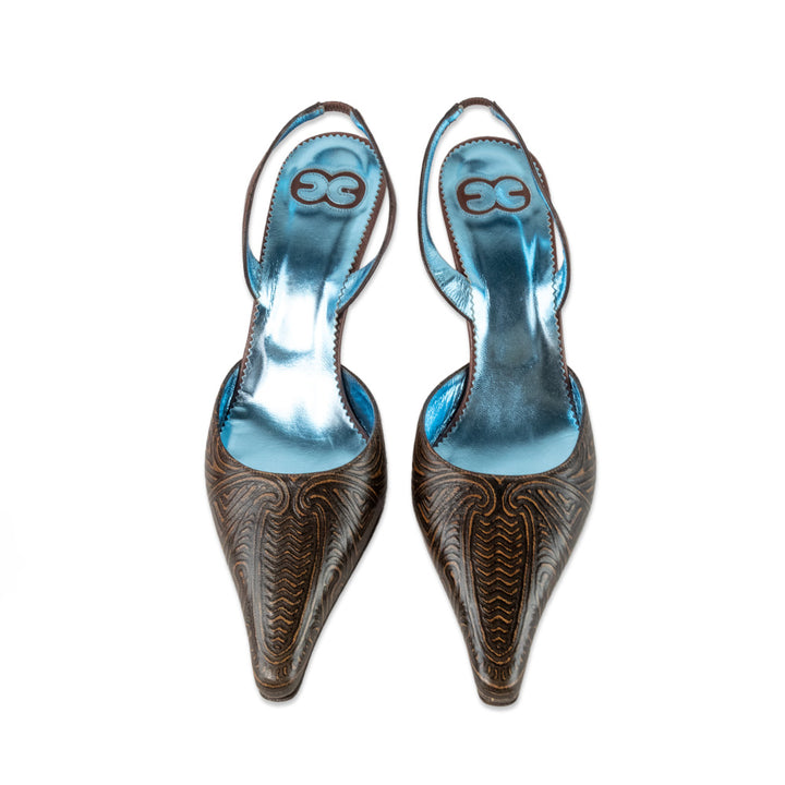 Escada Brown Patterned Leather Pointed Toe Slingback Heels