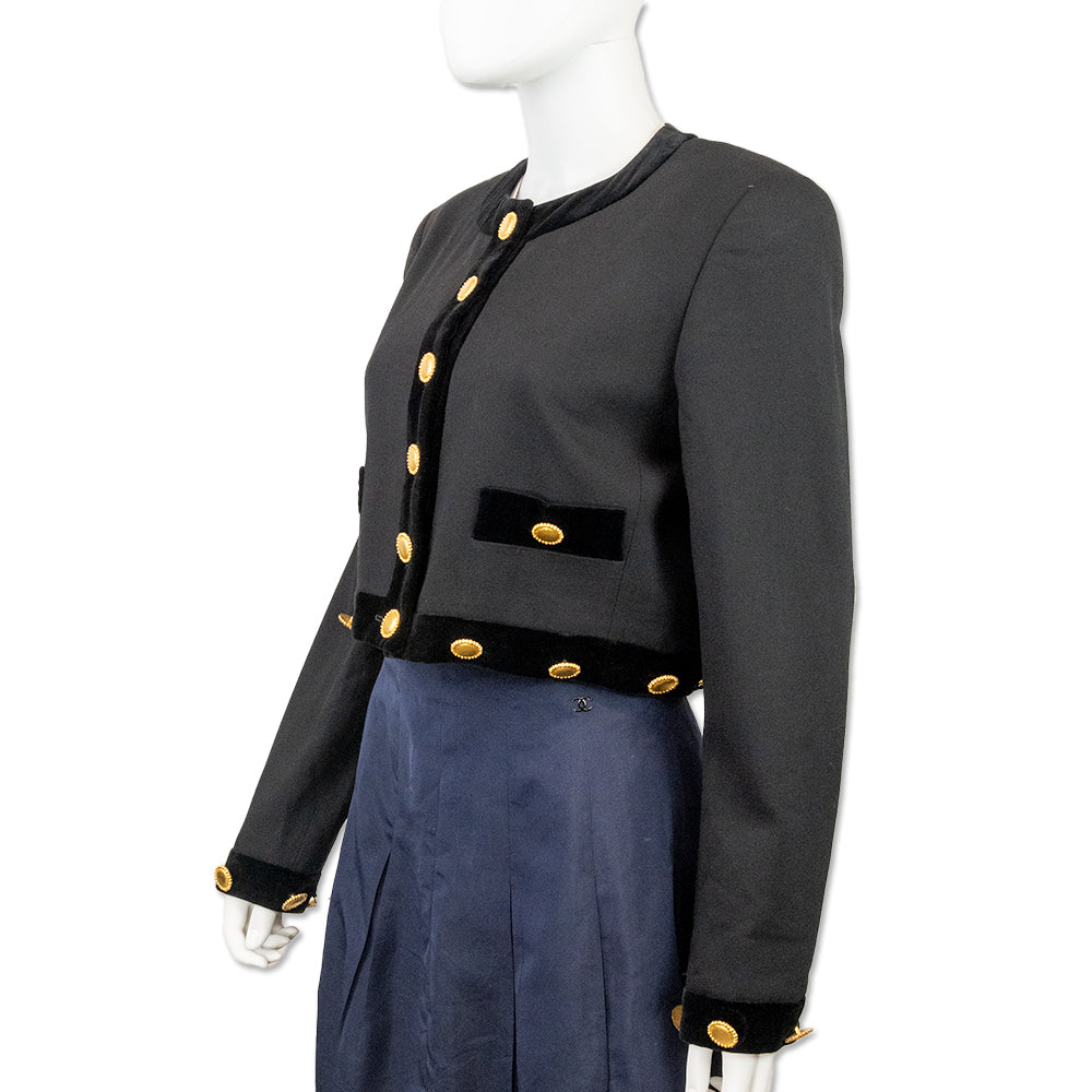 Escada Couture Black Woven Wool Velvet Trim Cropped Jacket with Gold Buttons