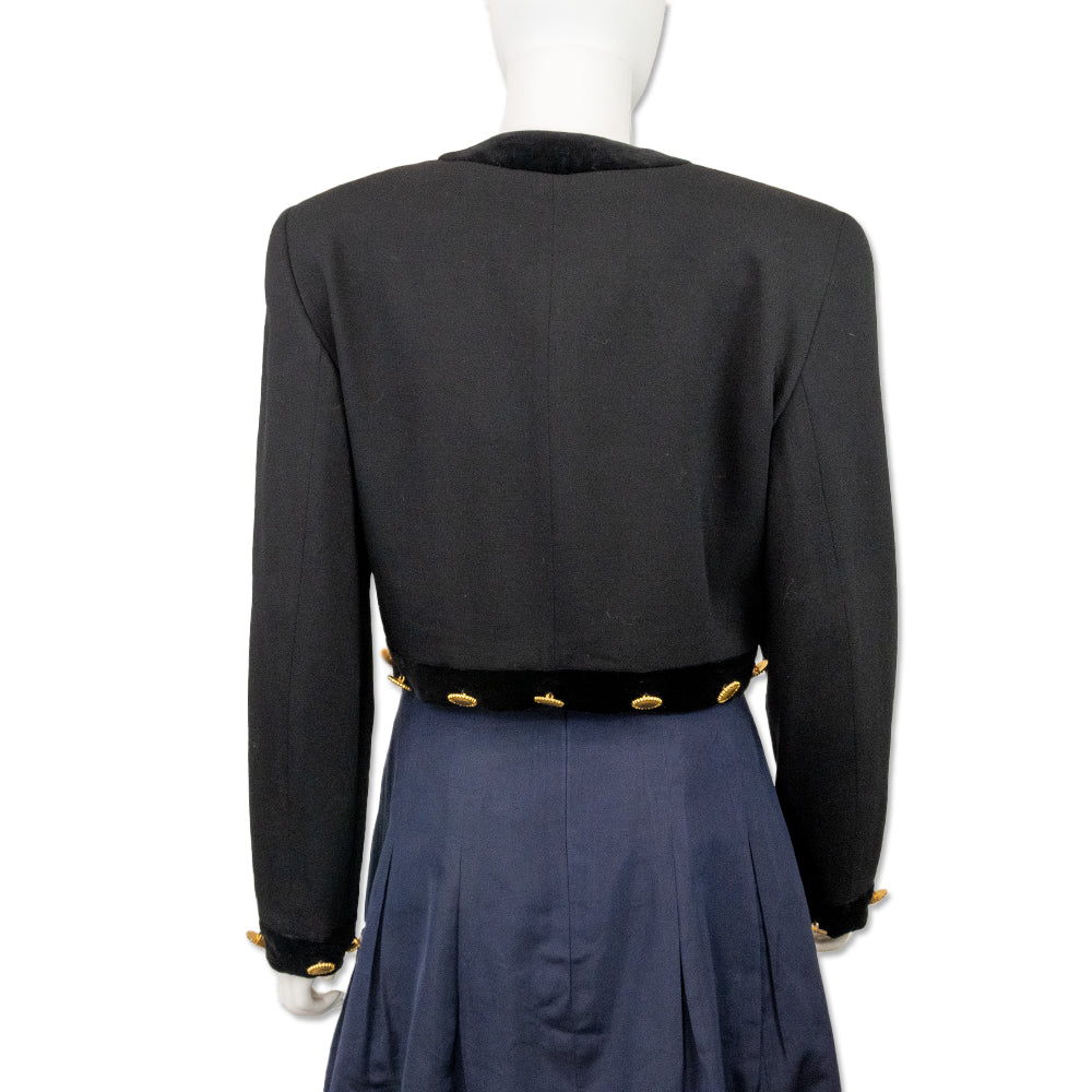 Escada Couture Black Woven Wool Velvet Trim Cropped Jacket with Gold Buttons