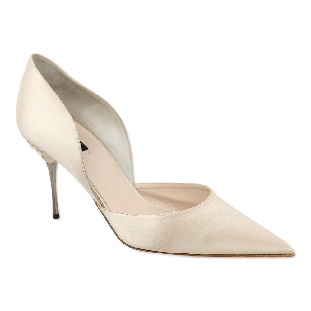 Escada Feather Satin Crystal Heel D'Orsay Pumps