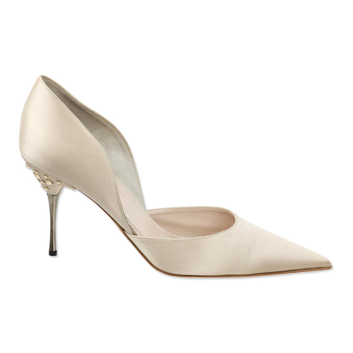 Escada Feather Satin Crystal Heel D'Orsay Pumps
