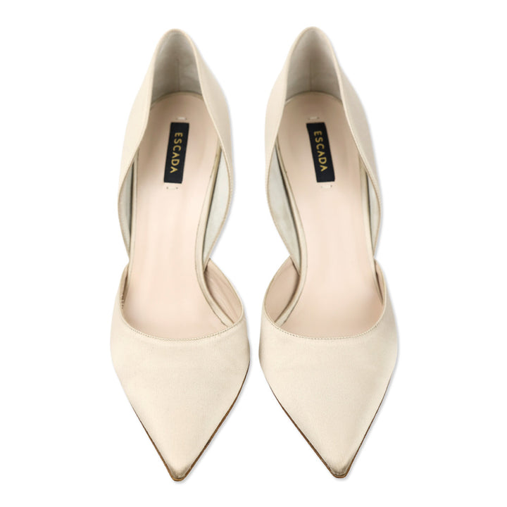 Escada Feather Satin Crystal Heel D'Orsay Pumps