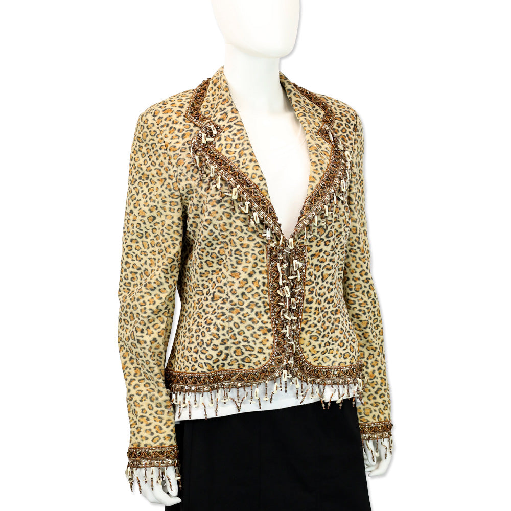 Escada Leopard Print Suede Beaded Tassel Trim Jacket
