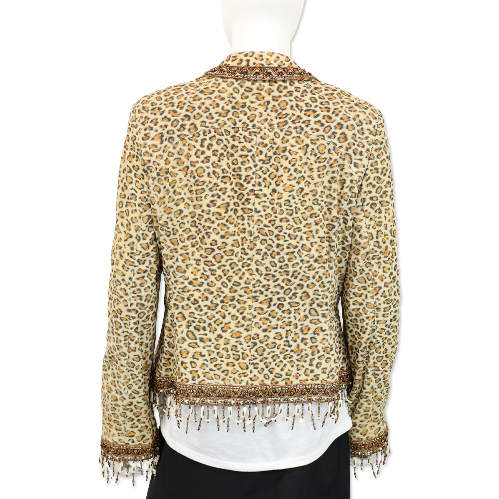 Escada Leopard Print Suede Beaded Tassel Trim Jacket
