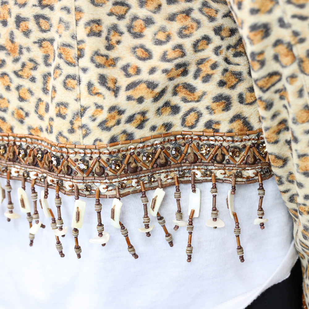 Escada Leopard Print Suede Beaded Tassel Trim Jacket