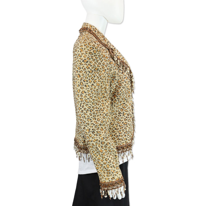 Escada Leopard Print Suede Beaded Tassel Trim Jacket