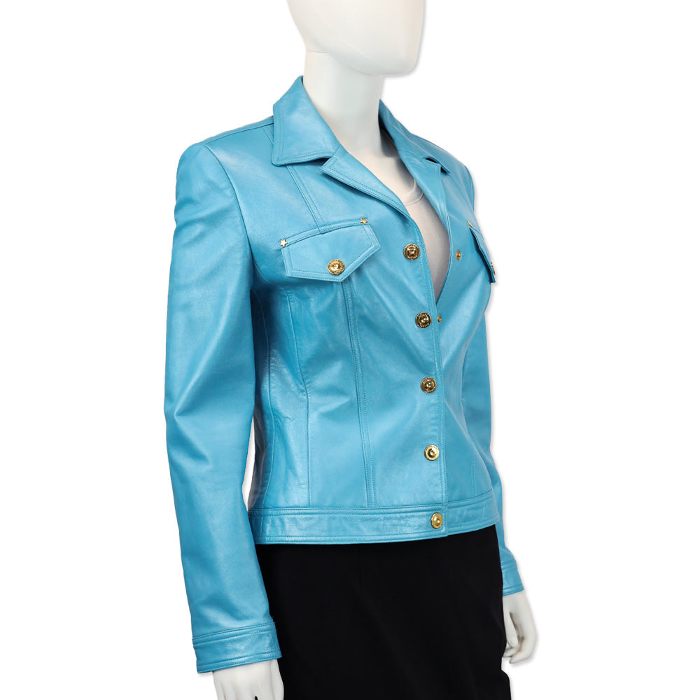 Escada Metallic Teal Leather Gold Snap Button Jacket