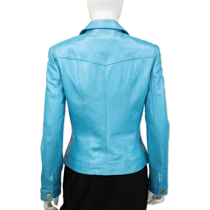 Escada Metallic Teal Leather Gold Snap Button Jacket