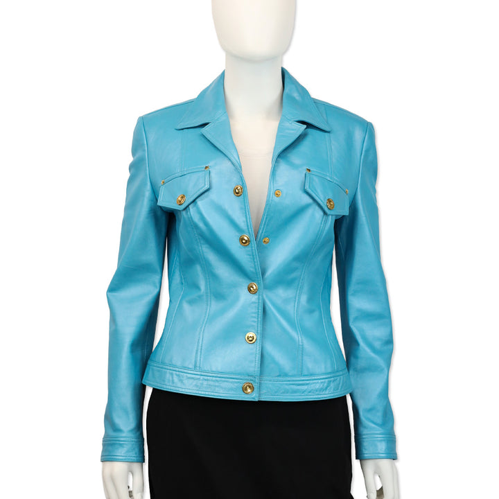 Escada Metallic Teal Leather Gold Snap Button Jacket