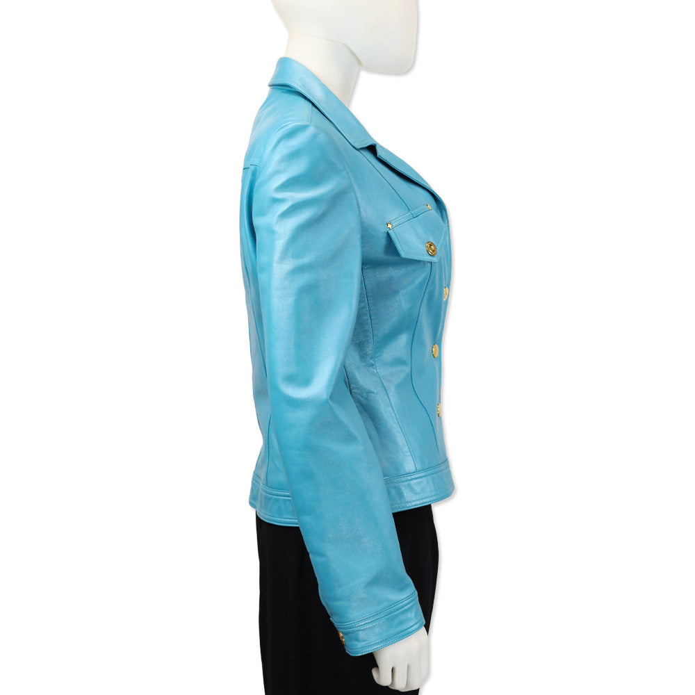 Escada Metallic Teal Leather Gold Snap Button Jacket