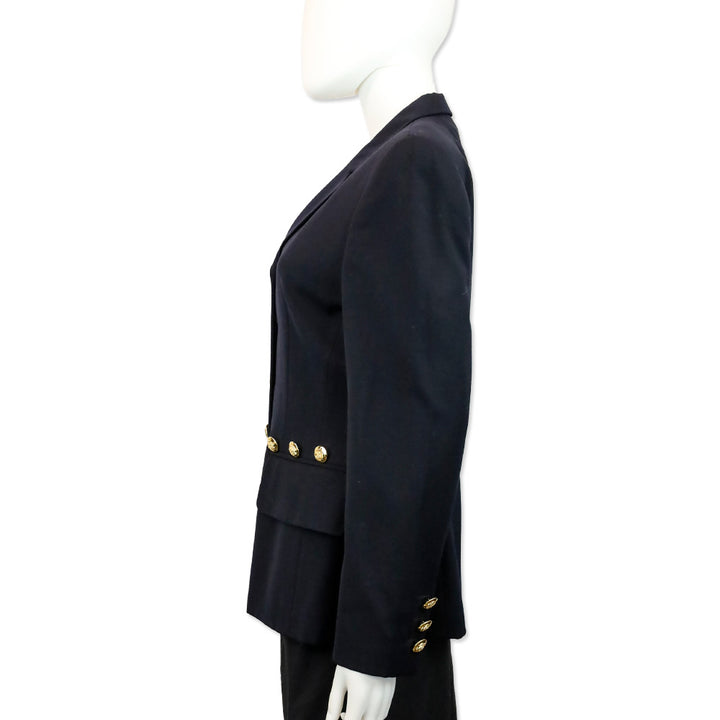 Escada Navy Blue Wool Button Waist Trim Single Breasted Blazer