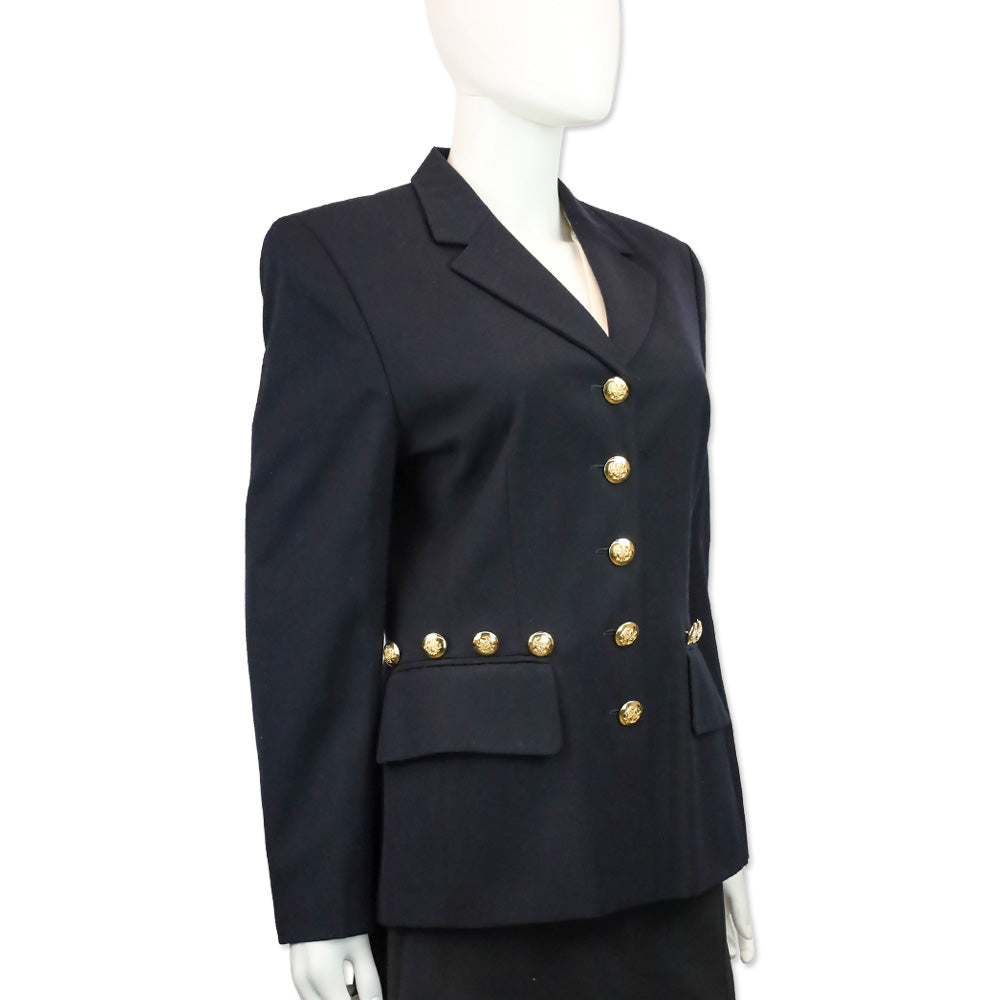 Escada Navy Blue Wool Button Waist Trim Single Breasted Blazer