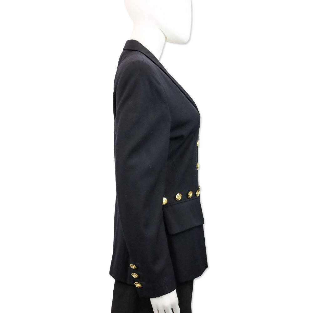 Escada Navy Blue Wool Button Waist Trim Single Breasted Blazer