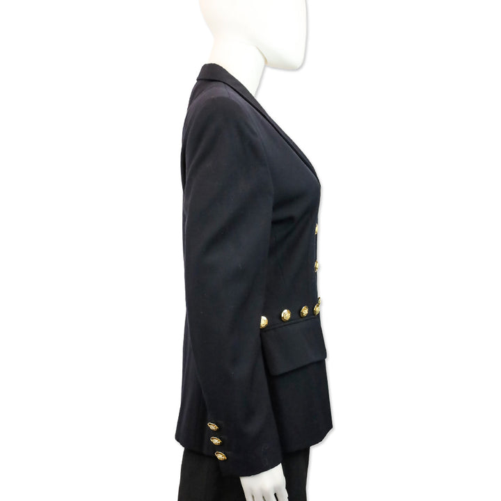 Escada Navy Blue Wool Button Waist Trim Single Breasted Blazer