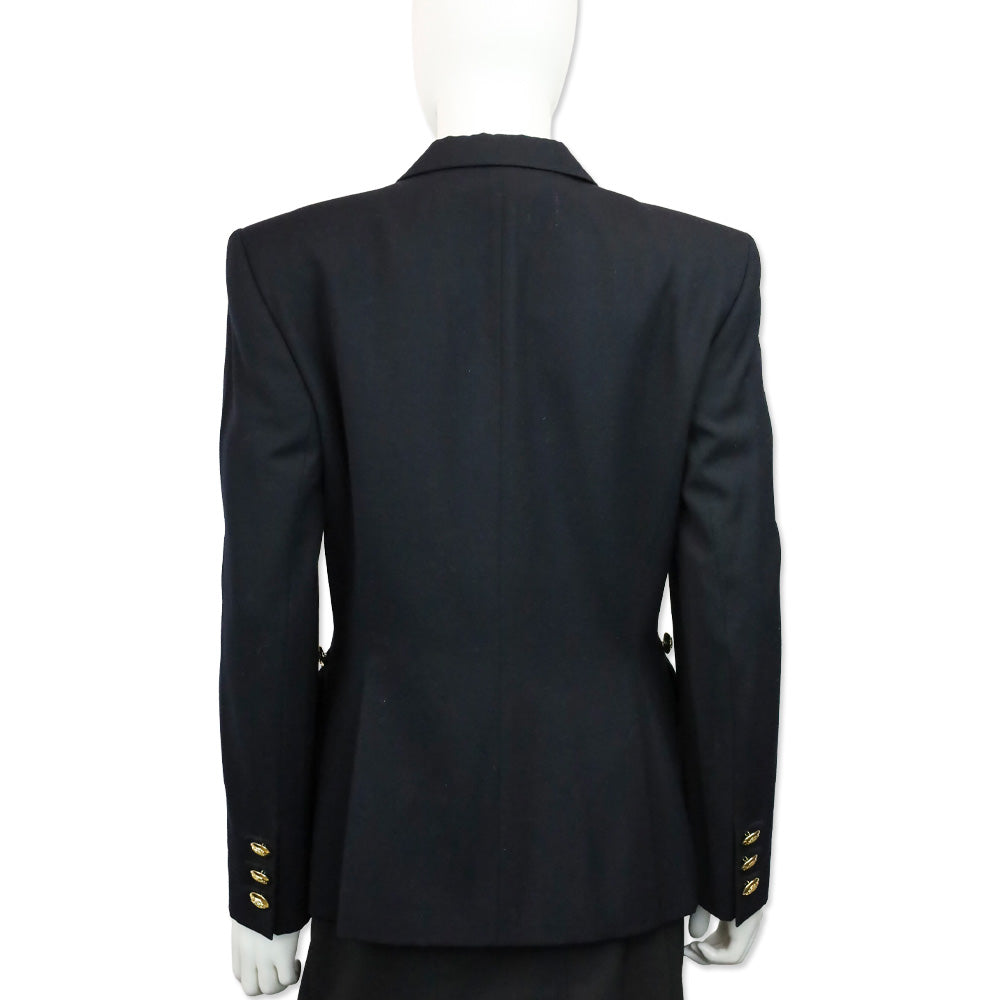 Escada Navy Blue Wool Button Waist Trim Single Breasted Blazer