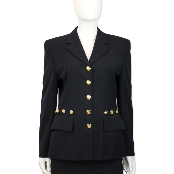 Escada Navy Blue Wool Button Waist Trim Single Breasted Blazer