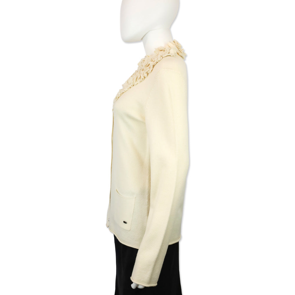 Escada Off-White Wool Knit Ruffle Neck Crystal Button Cardigan