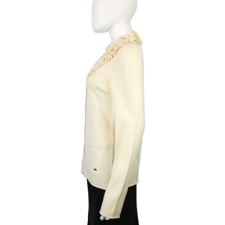 Escada Off-White Wool Knit Ruffle Neck Crystal Button Cardigan