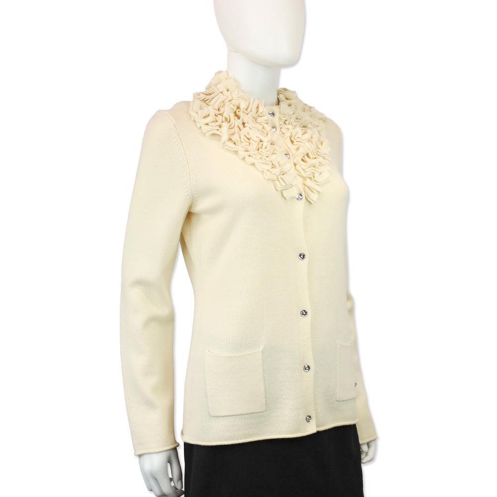 Escada Off-White Wool Knit Ruffle Neck Crystal Button Cardigan