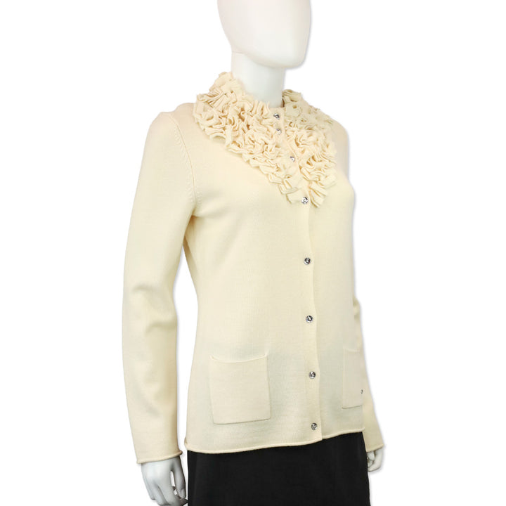 Escada Off-White Wool Knit Ruffle Neck Crystal Button Cardigan