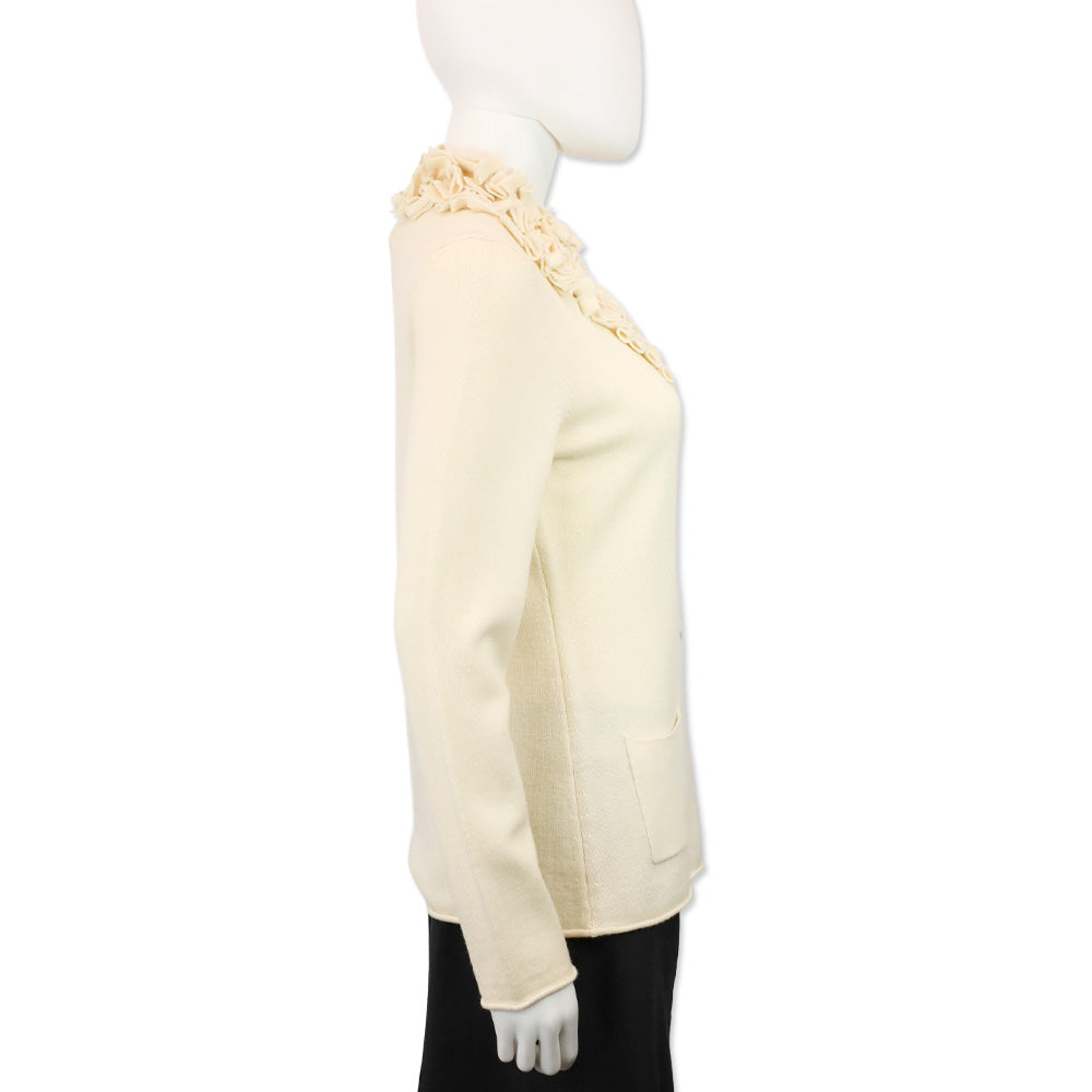 Escada Off-White Wool Knit Ruffle Neck Crystal Button Cardigan