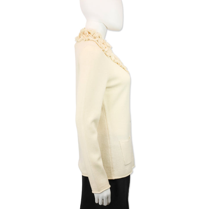 Escada Off-White Wool Knit Ruffle Neck Crystal Button Cardigan
