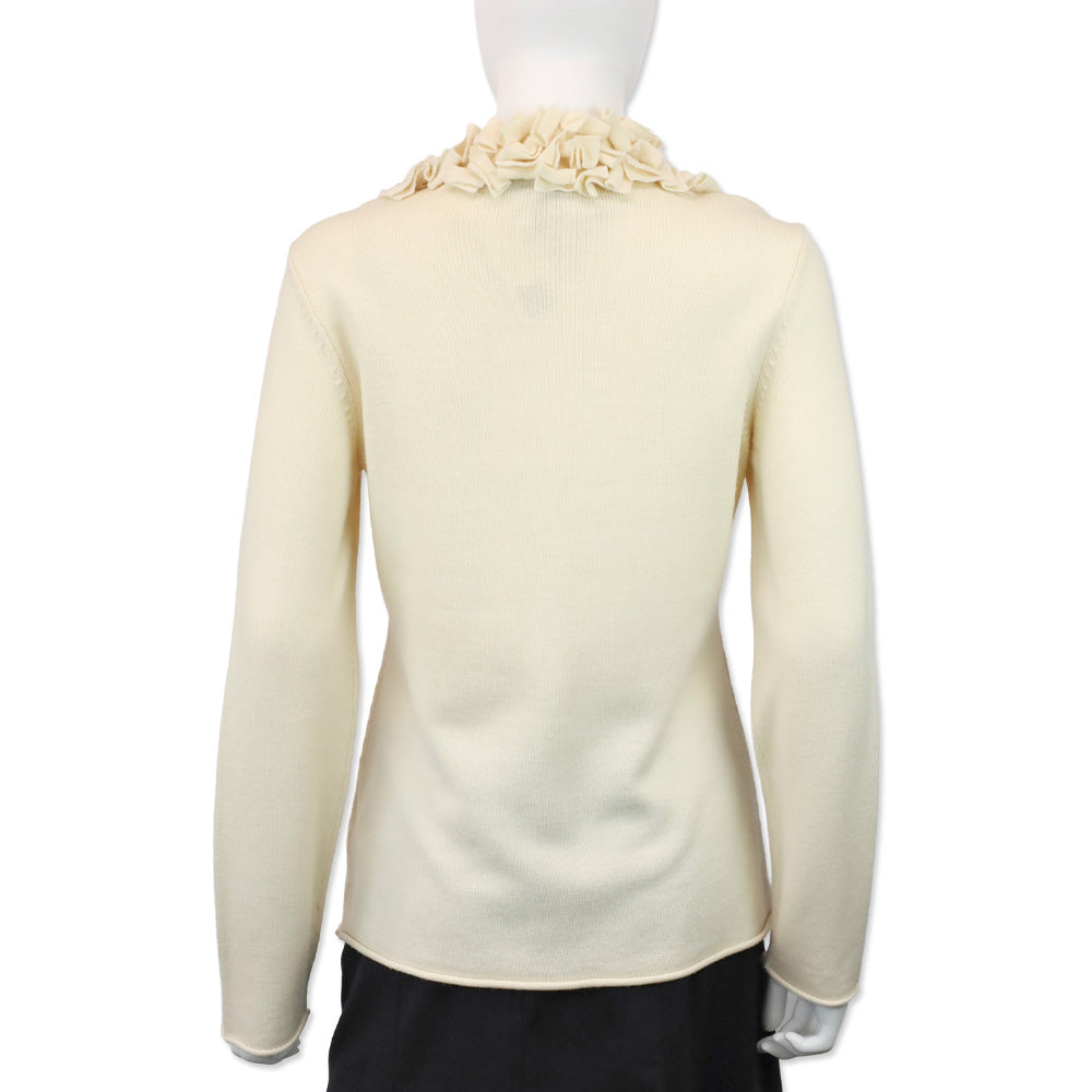 Escada Off-White Wool Knit Ruffle Neck Crystal Button Cardigan