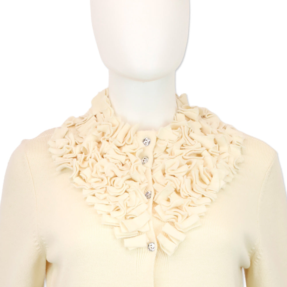 Escada Off-White Wool Knit Ruffle Neck Crystal Button Cardigan