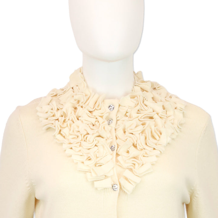 Escada Off-White Wool Knit Ruffle Neck Crystal Button Cardigan